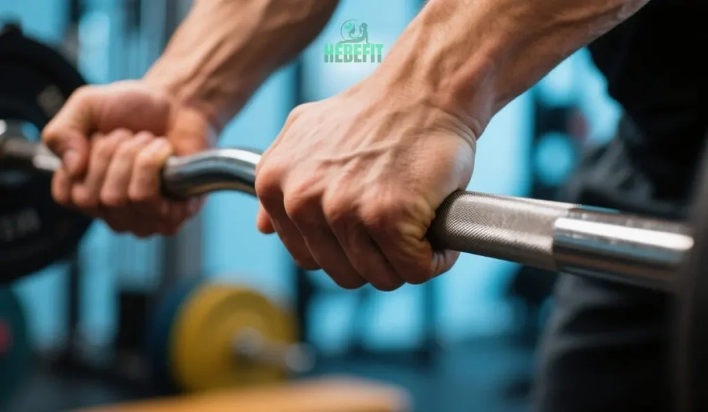 Man using barbell for forearm grip workout