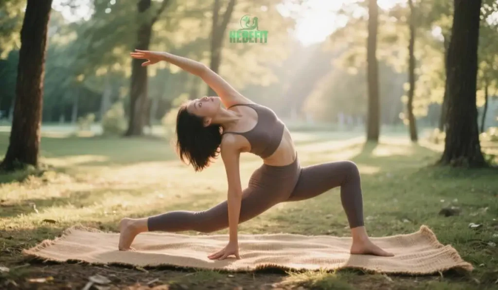 Yoga on natural jute mat outdoors